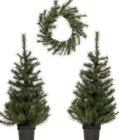 Haustürset Ellmau 1 Kranz 2 Bäume mit LED Beleuchtung Künstliche Weihnachtsbäume|Weihnachtskränze